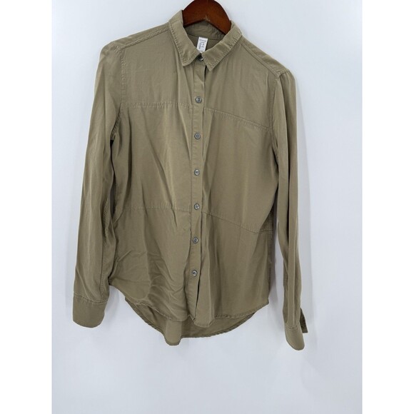 Spanx SILK Olive Green Button Down Long Sleeve Ladies Silk Shirt Size SMALL - Picture 7 of 11